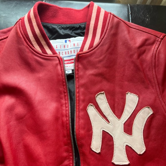 Supreme NewYork Yankees 47 brand LEATHER VARSITY JACKET 2015SS RED MLB M RARE - Picture 5 of 10